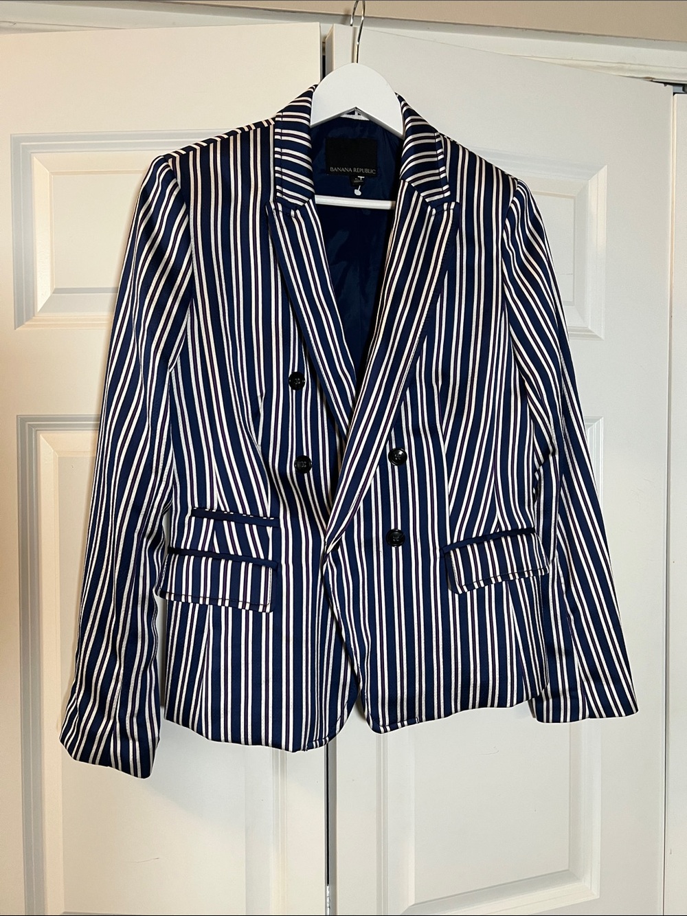 Banana Republic Navy Blue Striped Blazer with White and Purple Stripes